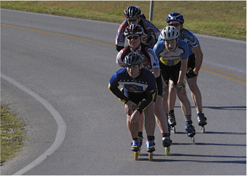 Paceline descends hill at Road Rash