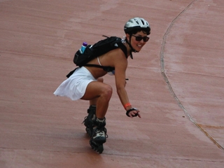 inline skate instructor Kathy McSparran and Camelbak